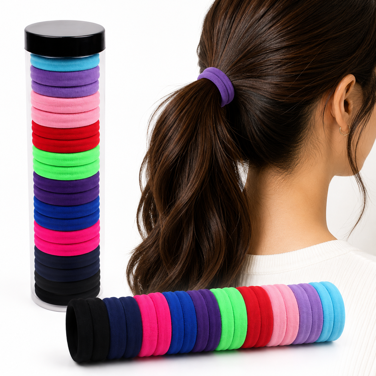 Seamless Hair Ties — Bold Colours 20-Piece Set with Storage Tube