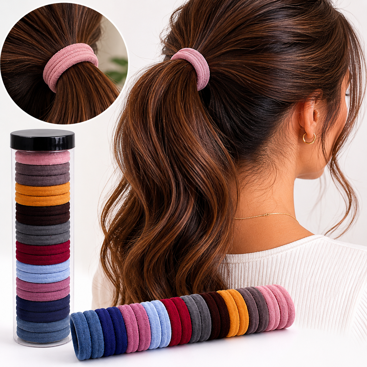 Seamless Elastic Nylon Hair Ties — Muted Tones 20-Piece Set with Storage Tube