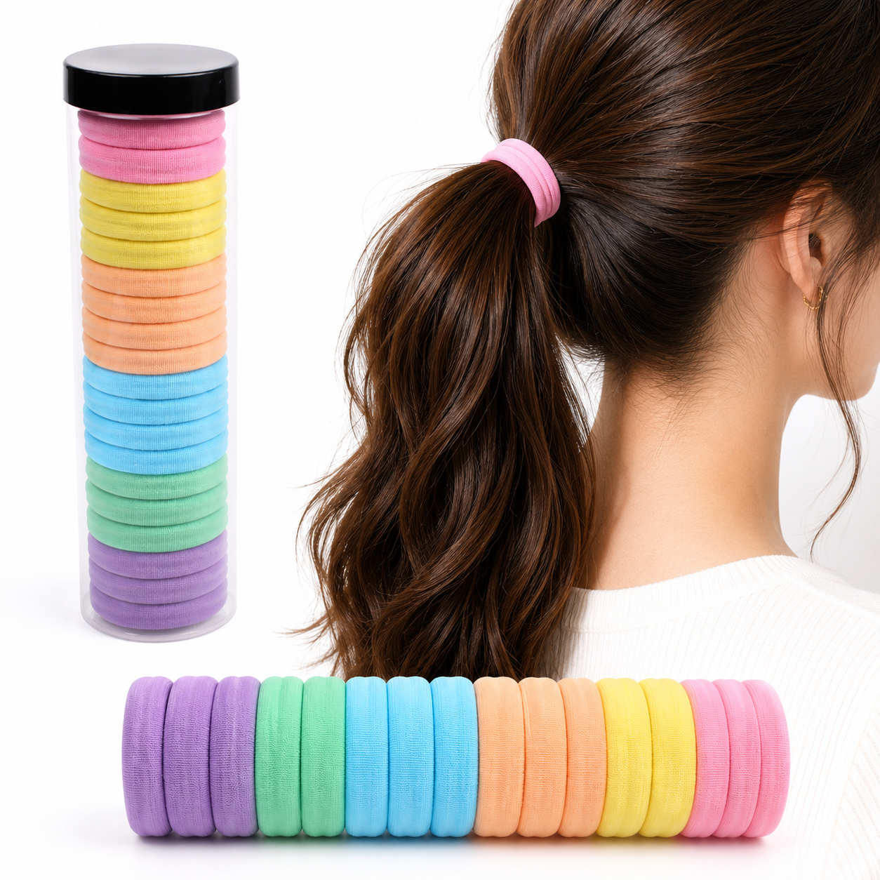 Seamless Elastic Nylon Pastel Hair Ties — 20-Piece Set with Storage Tube