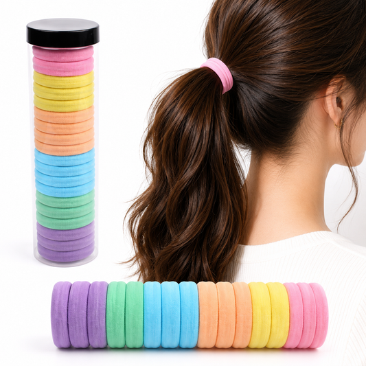 Seamless Elastic Nylon Pastel Hair Ties — 20-Piece Set with Storage Tube